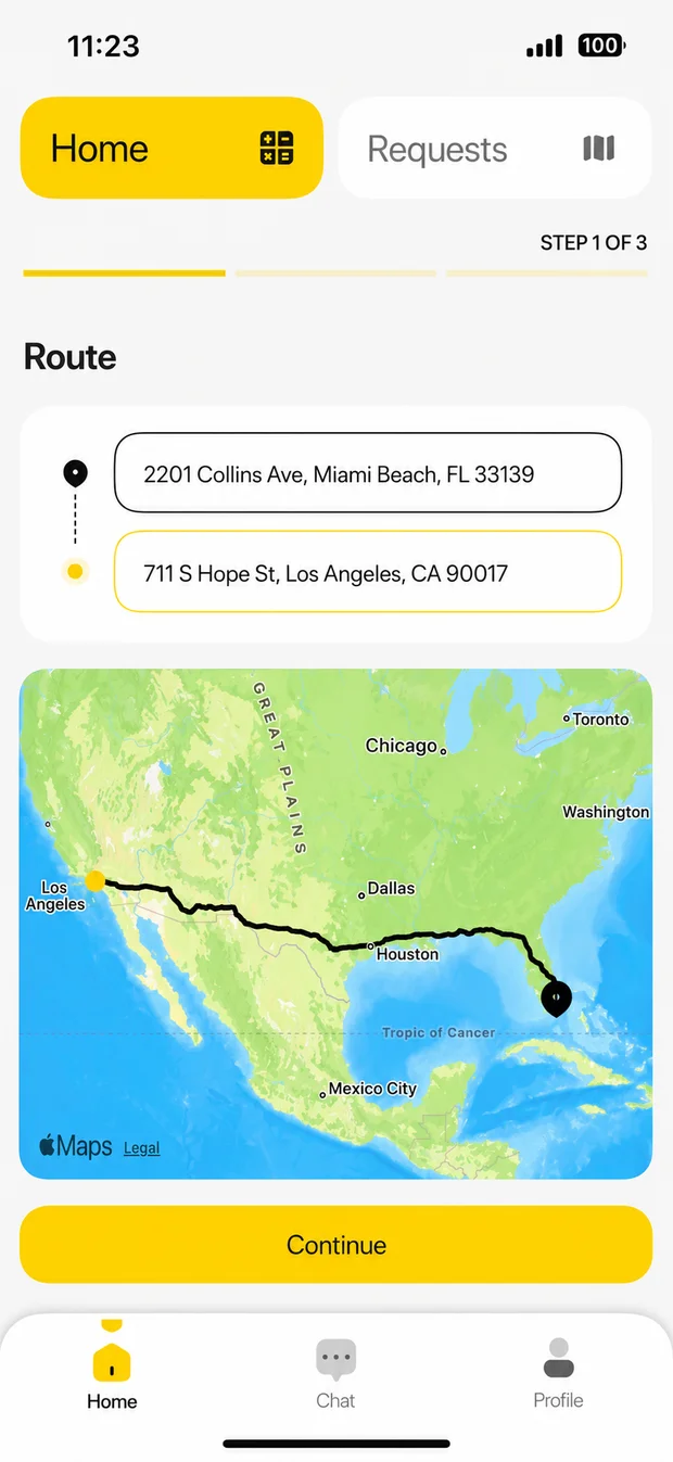 Entering pickup and delivery addresses on a map in the VUVO app